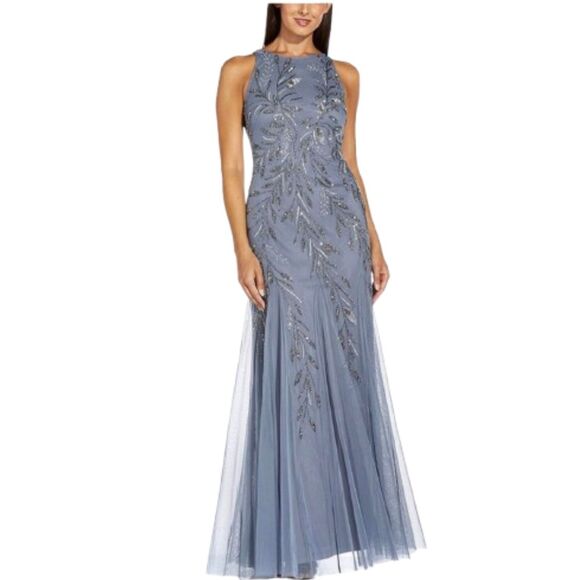 Adrianna Papell Dresses & Skirts - Adrianna Papell Halter Neck Beaded Embellished Grey Formal Gown Size XS